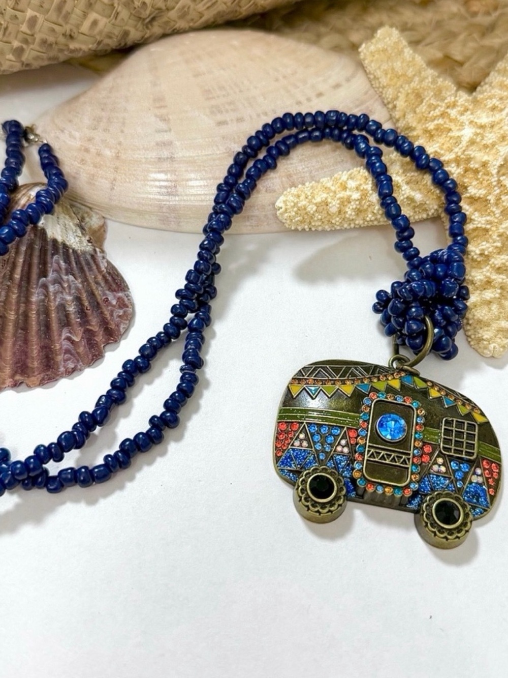 RV Life Long Beaded Stone Rhinestone & Metal Necklace